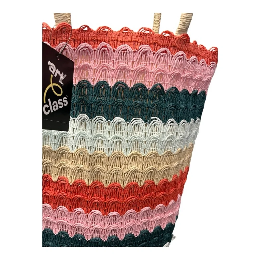 🎨 Art Class Straw Tote Beach Bag – Multi-Colored Striped‎ 🎨